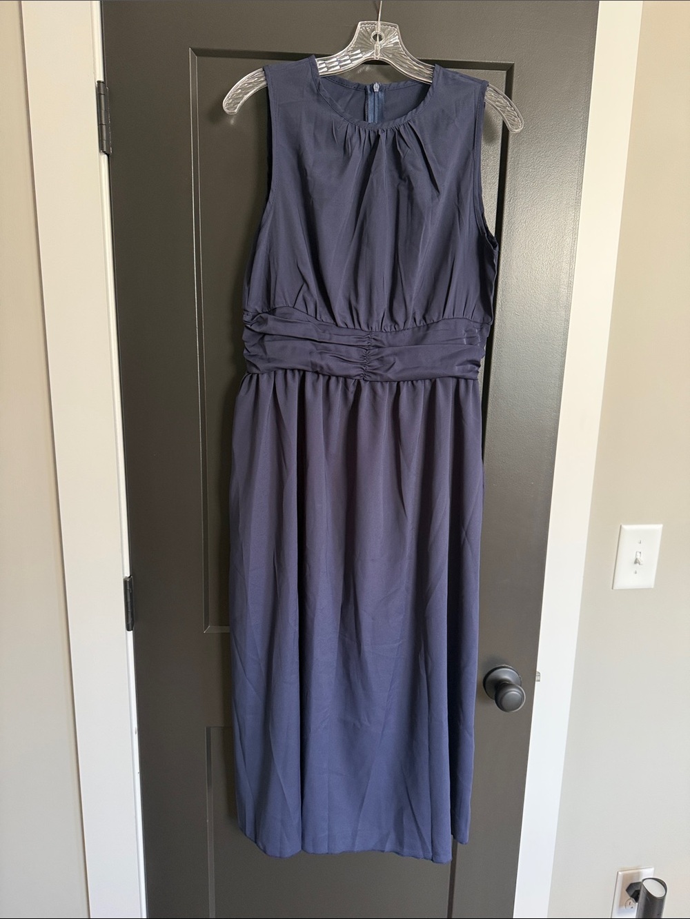 Ruth & Kate Sleeveless Navy Blue Midi Dress with Ruched Waist